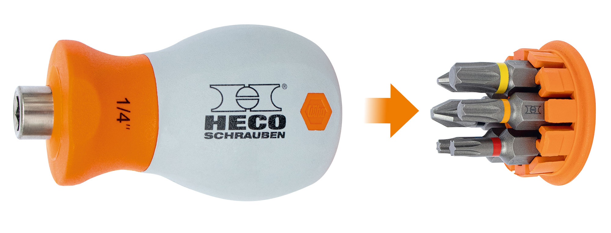 HECO-Stubby Mini-schroevendraaier met 6-delige bitmagazijn in handvat